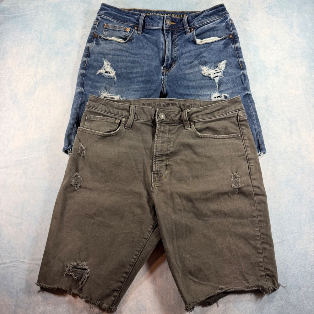 American Eagle Denim Shorts Mens 32 Blue Olive Distressed Cutoff Bundle of 2 Lot